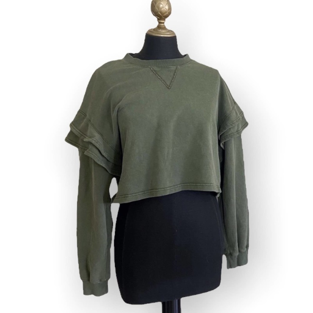 7 For All Mankind Shirt Pullover Ruffle Sleeve Cropped Olive Green Size Small